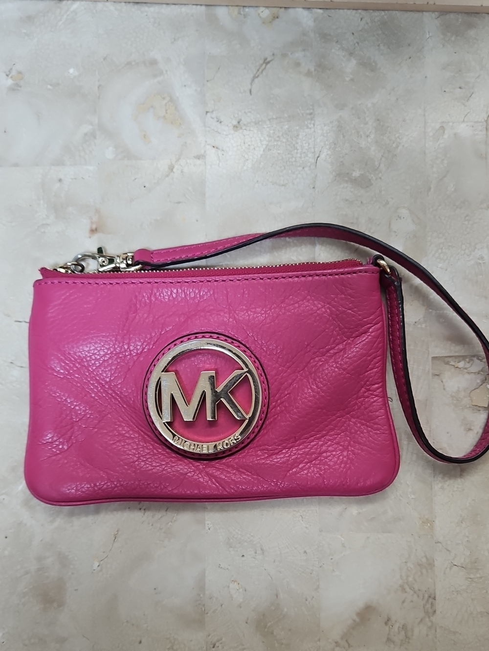 Michael Kors Hot Pink Leather Wristlet Clutch with Gold MK Emblem